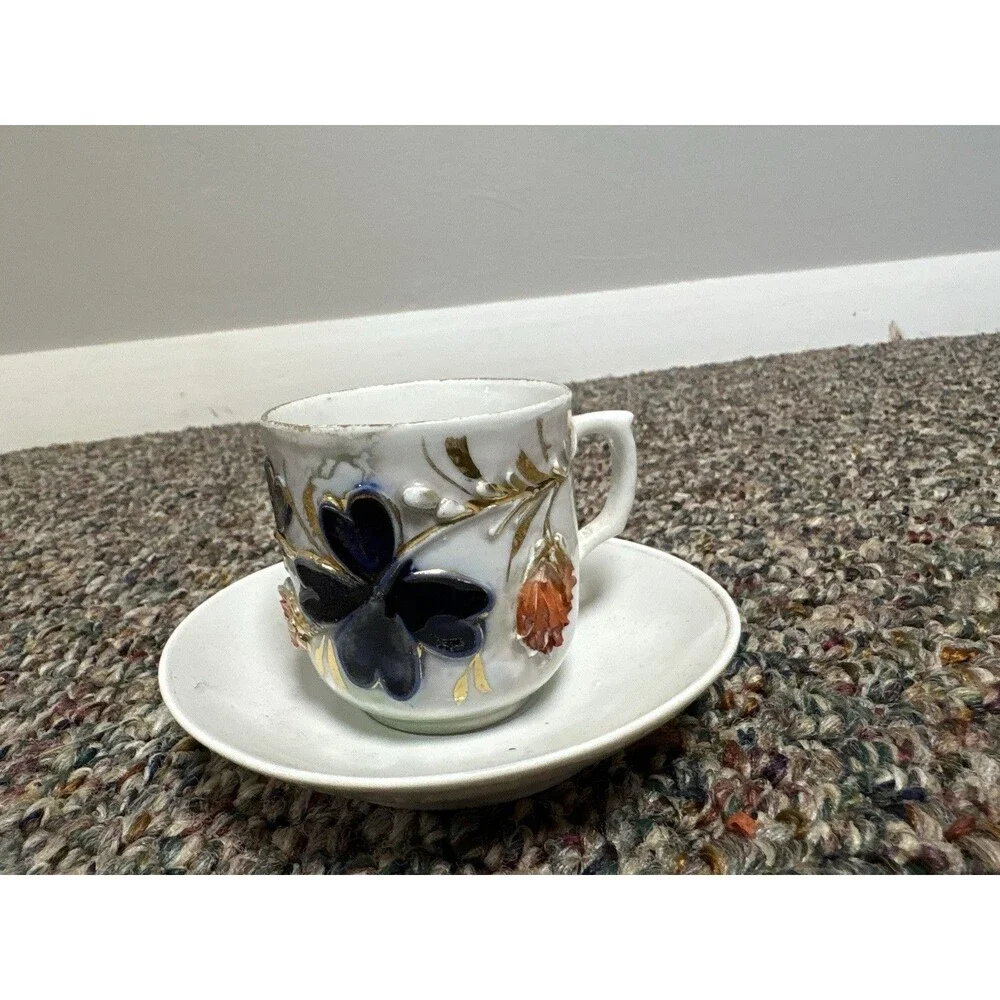 Antique Hand Painted German Demitasse Cup & Saucer Cobalt Blue Gold Gilt